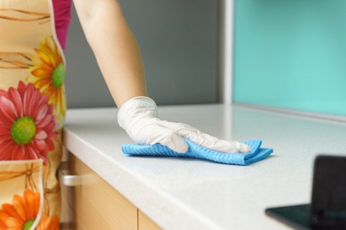 Cleaner working in a SW18 living room during a domestic cleaning visit