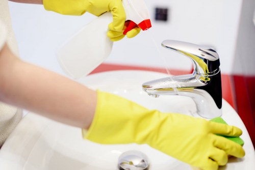 Local carpet cleaner treating high-traffic stairs and hallway carpet
